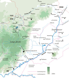 Lauf von Giehler Bach und Hamme von Langer Heide ins Teufelsmoor bis Mündung in Lesum