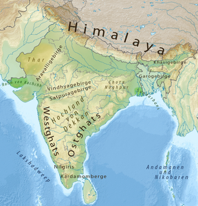 Lage der Westghats auf der Karte des indischen Subkontinents.