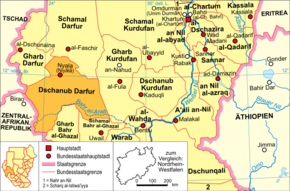 Lage des Bundesstaates Dschanub Darfur in Sudan