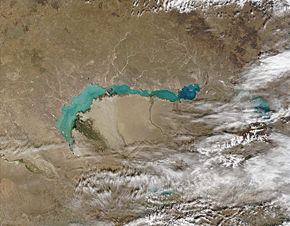 Satellitenaufnahme des Balchaschsees. Links unten der Zufluss des Ili