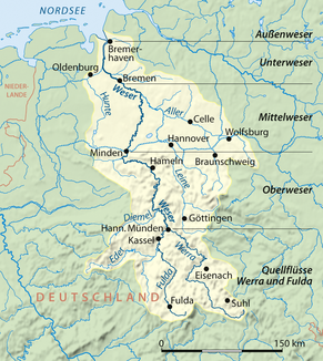 Verlauf der Weser (mit Quellflüssen)