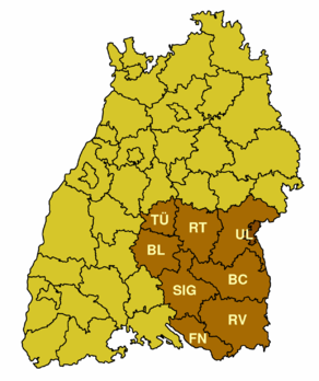 Lage des Regierungsbezirks Tübingen in Baden-Württemberg