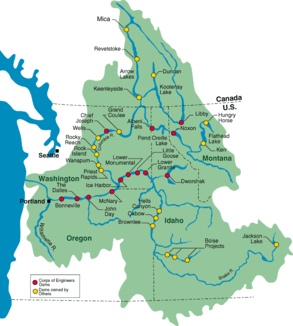 Einzugsgebiet des Columbia Rivers mit den wichtigsten Zuflüssen und Staudämmen.
