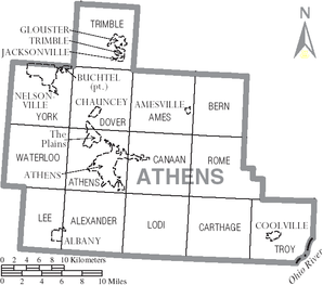 Map of Athens County Ohio With Municipal and Township Labels.PNG