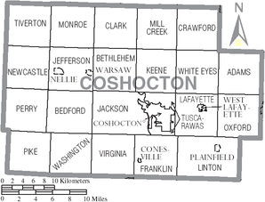 Map of Coshocton County Ohio With Municipal and Township Labels.PNG