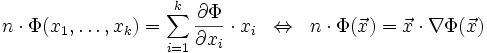 n\cdot \Phi(x_1,\ldots,x_k) = \sum_{i=1}^k \frac{\partial\Phi}{\partial x_i}\cdot x_i \;\;\Leftrightarrow\;\; n\cdot \Phi(\vec{x}) = \vec{x}\cdot\nabla\Phi(\vec{x}) 
