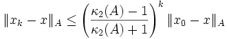  \|x_k - x\|_A \leq \left( \frac{\kappa_2 (A) - 1}{\kappa_2 (A) + 1} \right)^k \|x_0 - x\|_A 