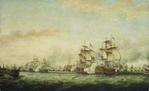 Die Schlacht von The Saintes 12 April 1782, von Thomas Whitcombe (1783). Dargestellt ist im Zentrum Hoods Barfleur bei der Attacke der Ville des Paris