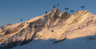 Großglockner von Nordosten: 1. Adlersruhe, 2. Hofmannskees, 3. Kleinglocknerkees, 4. Glocknerleitl, 5. Pallavicinirinne, 6. Kleinglockner, 7. Großglockner, 8. Glocknerkees, 9. Berglerrinne, 10. Glocknerhorn (links) und Teufelshorn (rechts), 11. Untere Glocknerscharte, 12. Glocknerwand
