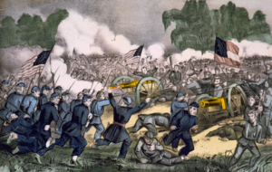 Schlachtszene bei Gettysburg, zeitgenössischer kolorierter Stahlstich