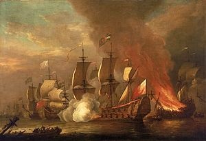 Ein Admiral der blauen Flagge der englischen Flotte im Kampf gegen französische Einheiten. Gemälde Adriaen van Diest zugeschrieben