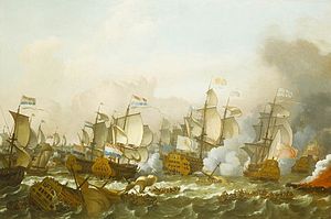 Die Schlacht von Barfleur, 29 Mai 1692, gemalt von Ludolf Bakhuizen. Das Bild zeigt die aus Dreideckern bestehenden Flaggschiffen der beteiligten drei Flotten.