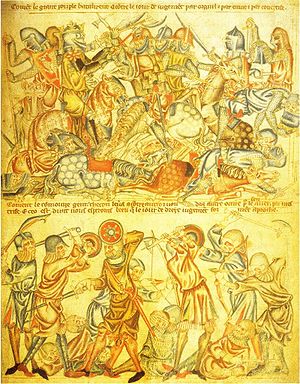 Darstellung der Schlacht von Bannockburn aus der Holkham Bible, 1327–35 (oben, die untere Hälfte zeigt die Schlacht von Berwick 1296)