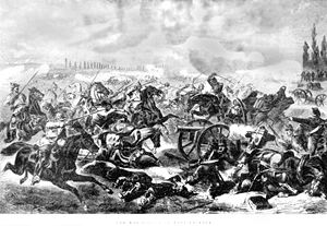 Das preußische 7. Kürassier-Regiment greift die französischen Stellungen in der Schlacht von Mars-la-Tour am 16. August 1870 an. Zeitgenössische Darstellung aus Canadian Illustrated News, 19 November 1870, vol.II, no. 21, 336.