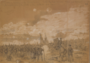 Bundestruppen der Brigade des Generals Sykes unter schwerem Angriff. (Skizze durch Alfred R. Waud)