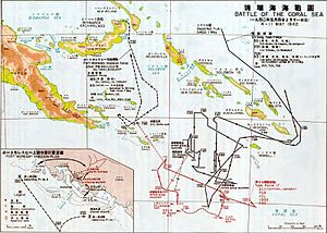 Die Karte zeigt die Bewegungen der Invasionsflotte für Port Moresby und deren Plan zur Landung