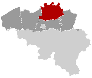 Lage der Provinz Antwerpen innerhalb Belgiens hervorgehoben