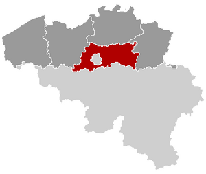 Lage der Provinz Flämisch-Brabant innerhalb Belgiens hervorgehoben