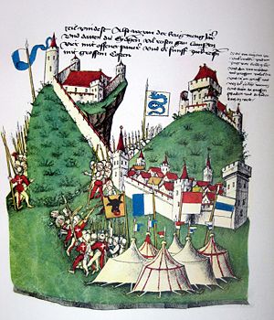Darstellung der Schlacht bei Arbedo in der Tschachtlanchronik, 1470