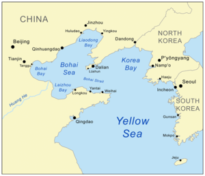 Bohai-Bucht (Bohai Wan), Laizhou-Bucht (Laizhou Wan) und Liaoding-Bucht (Liaoding Wan) im Bohai-Meer (Bo Hai)