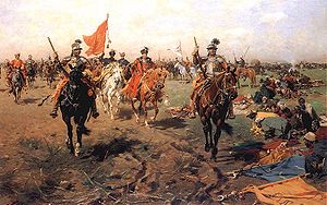 Eine Historiendarstellung des Malers Józef Brandt zeigt die Niederlegung der Standarten durch die Truppen des Osmanischen Reiches vor den siegreichen polnischen Truppen