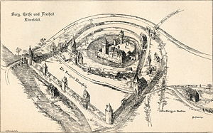 Burg, Kirche und Freiheit ElverfeldtRekonstruktionszeichnung von G. U. Fischer aus dem Jahre 1893 nach dem Grundrisse, den Johannes von der Waye 1598 aufnahm