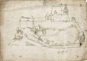 Burg Graisbach im 16. Jahrhundert, Zeichnung von Philipp Apian
