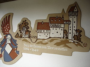 Rekonstruierte Ansicht der Burg, nebst Westerstetter Wappen. Sgraffito von Adolf Wengenmayer im Treppenhaus des neuen Rathauses in Westerstetten