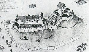 Rekonstruktion der Gesamtanlage (E. Högg) auf einer Infotafel im Burgbereich