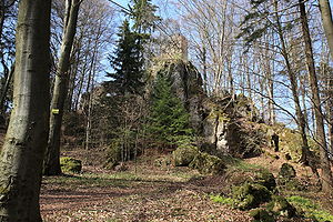 Burgruine Poppberg - Ansicht des Ringmauerturmes auf einem hohen Felskegel aus westlicher Richtung