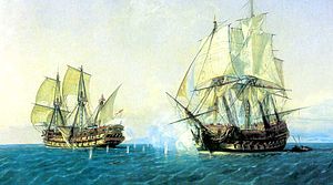 Das spanische Linienschiff »Catalán« im Gefecht mit der englischen »HMS Mary«; Gemälde von Rafael Monleón