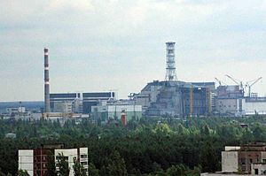 Das Kernkraftwerk Tschernobyl, aufgenommen von Prypjat aus