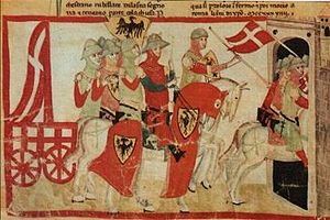 Friedrich II. führt den erbeuteten Carroccio nach Cremona,(Darstellung in einer Handschrift aus dem 14. Jahrhundert)