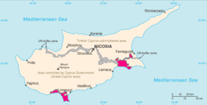 Lage von Akrotiri und Dekelia (in Rot)