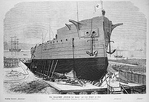 Das Panzerschiff „Friedrich der Große“ auf dem Stapel zu Kiel. Nach einer photographischen Aufnahme des Kieler Marine-Ingenieurs.