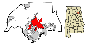 Etowah County Alabama Incorporated and Unincorporated areas Gadsden Highlighted.svg