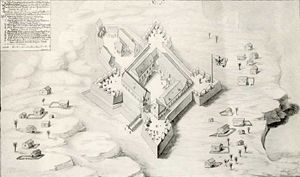 Zeitgenössische Darstellung des Forts Groß Friedrichsburg zur Zeit seines vollendeten Ausbaus nach 1686