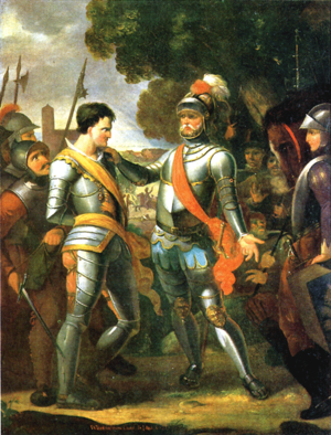 Ocko tom Brok wird nach der Schlacht auf den Wilden Äckern gefangen vor Focko Ukena geführt. Romantisierendes Historiengemälde von Tjarko Meyer Cramer, 1803