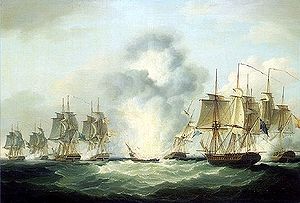 Four frigates capturing Spanish treasure ships (5 October 1804) by Francis Sartorius, National Maritime Museum,UK.jpg..jpg