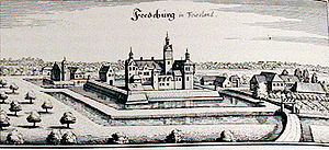 Festung Friedeburg. Seitenverkehrter Stich von Merian aus der zweiten Hälfte des 17. Jahrhunderts
