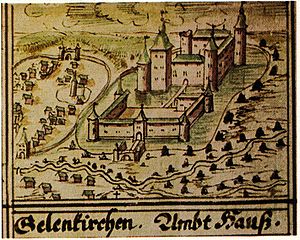 Burg Geilenkirchen (Stadt und Burg links der Wurm, die Burg wurde überhöht dargestellt)