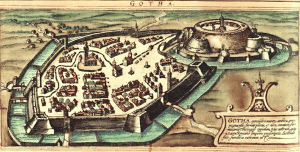 Die Stadt Gotha mit der Burg Grimmenstein (Holzschnitt von 1572)