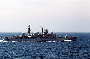 Die HMS Exeter (D89) während eines Einsatzes im Persischen Golf 1987