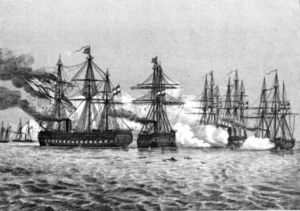Fregatten Schwarzenberg, Radetzky, Niels Juel und Jylland, Korvette Hejmdal. Im Hintergrund preußische Kanonenboote. (Kupferstich des Seegefechts)