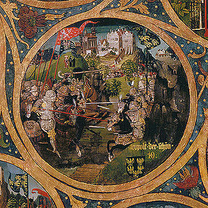 Die Schlacht bei Mailberg. (Babenberger Stammbaum, um 1490, Stift Klosterneuburg)