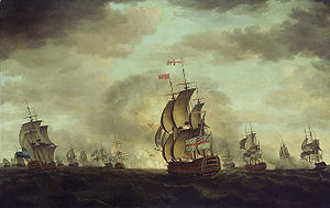 Seeschlacht bei Kap St. Vincent, zeitgenössisches Gemälde von Francis Holman. Es zeigt die Explosion der Santo Domingo und im Vordergrund Rodneys Flaggschiff Sandwich