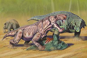 Inostrancevia bei der Jagd auf ein Scutosaurus-Jungtier (Lebendrekonstruktion)