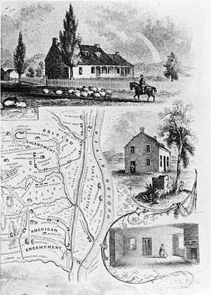 Plan des Schlachtfeldes der Schlacht von Saratoga und Ansichten von John Neilsons Haus von Süden, Osten und innen, das als Hauptquartier für die Generäle Enoch Poor und Benedict Arnold diente.