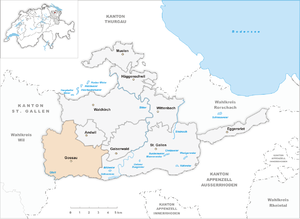 Karte der Gemeinde Gossau SG.  Hueb befindet sich unmittelbar an der südlichen Grenze zum Kanton Appenzell Ausserrhoden.