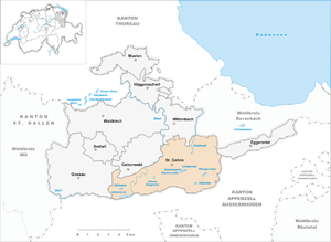 Karte der Gemeinde St. Gallen. Die Schlacht fand im "Loch" zwischen dem Wenigerweiher und der östlichen Kantonsgrenze zum Kanton Appenzell-Ausserrhoden richtung Speicher statt.